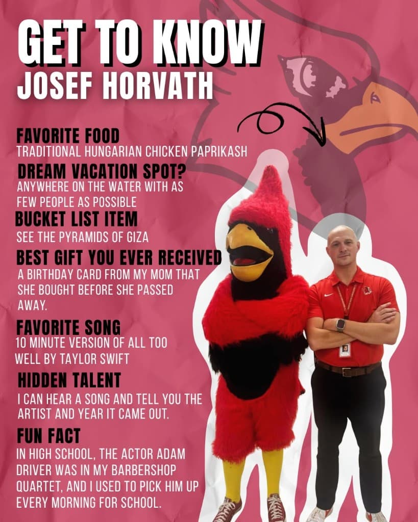 Get to Know You graphic for Josef Horvath, with fun facts beside a photo of him and the cardinal mascot