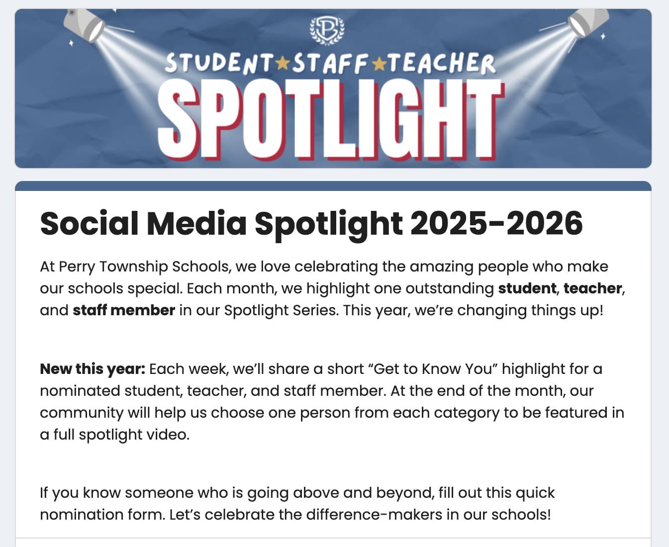 Blank public Spotlight nomination form for 2025–2026, with the district banner and a short explanation of the Get to Know You highlights