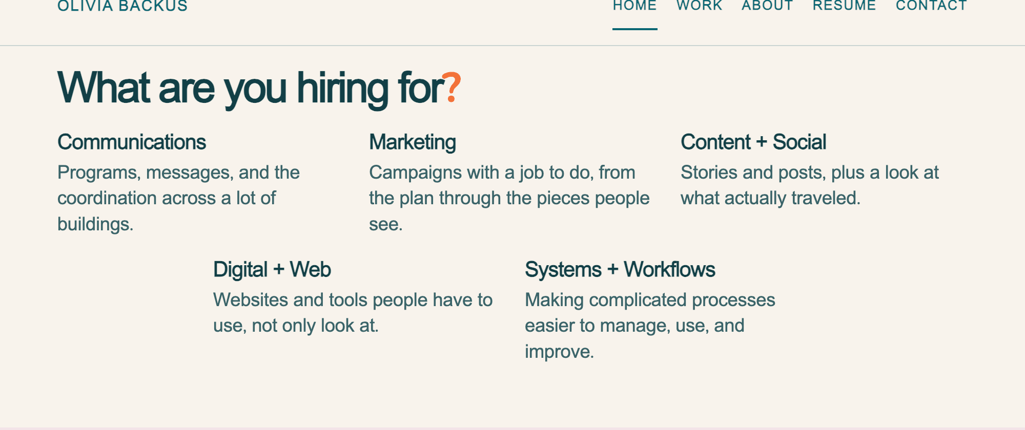 Homepage shortcuts for Communications, Marketing, Content + Social, Digital + Web, and Systems + Workflows