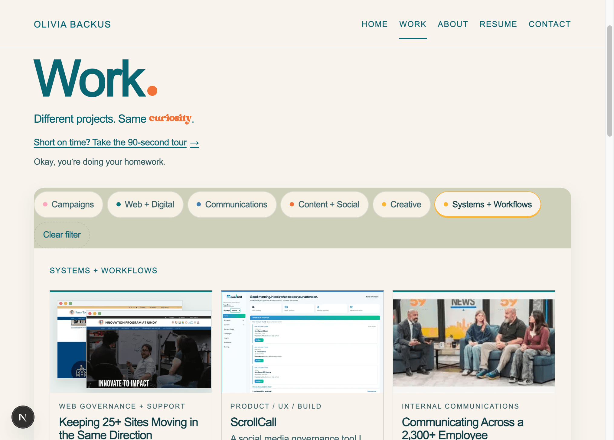 The Work page with category filters, including Systems + Workflows